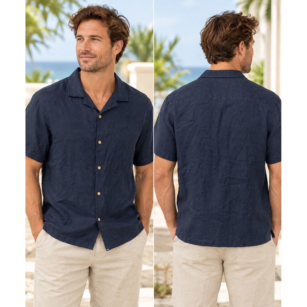 Panama Jack Mens M 100% Linen Shirt Navy Blue Short Sleeve Button Up Resort